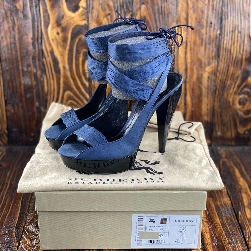Burberry Women's Platform Heels Open Toe Shoes Navy Blue Size‎ 37.5/ US 7.5 $820
